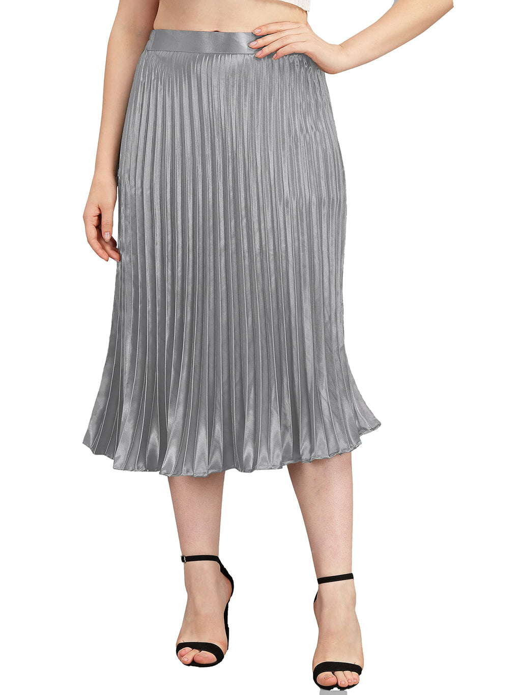 Kzully | Elegant Ensemble Satin Midi Skirts For Women & Girls Silver