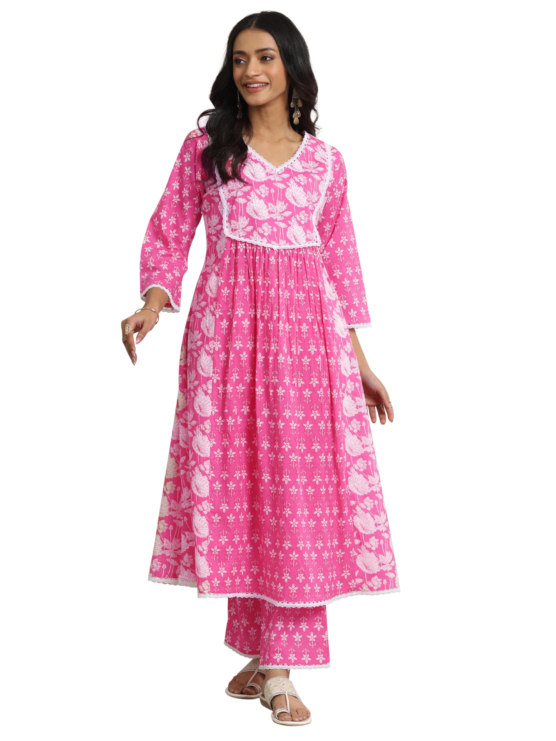 Libas Pink Floral Printed Panelled A-Line Kurta With Printed Palazzo