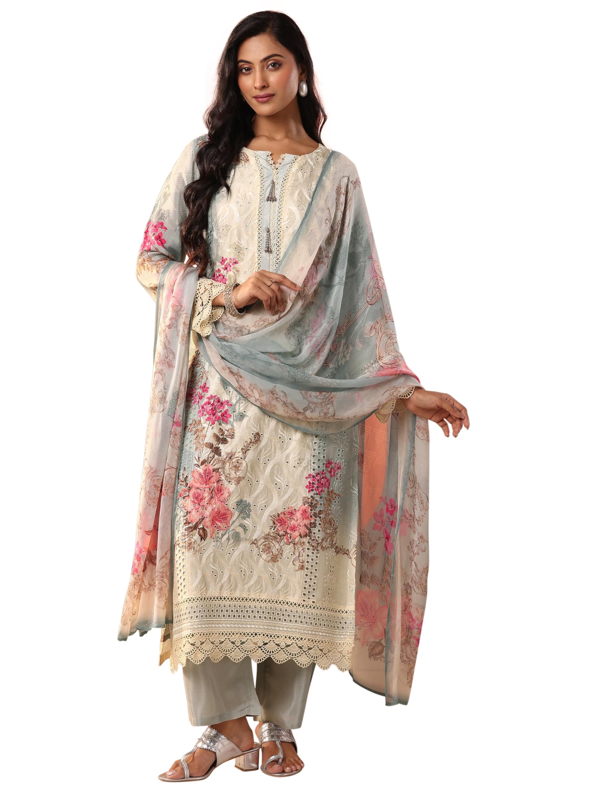Libas Art Womens Embroidered Muslin Straight Kurta With Trousers and Dupatta