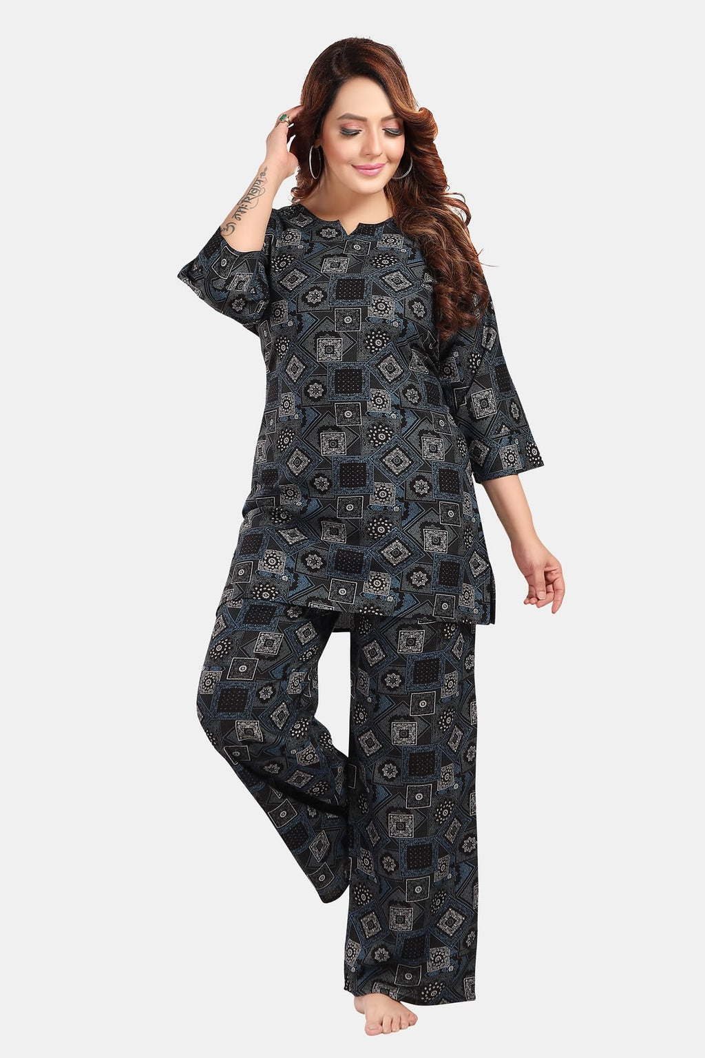 Fabme Women'S Geomatric Print, Black, All Over Print Rayon Coord Set
