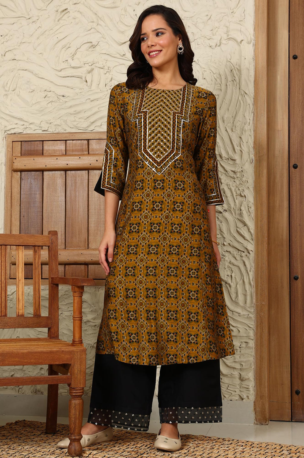 W For Woman Mustard Yellow Geometric Printed Sequined Straight Kurta
