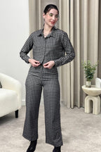 Popwings Casual Checks Print Crop Shirt And Trouser Co-Ord Set For Women | Shirt And Pant Co-Ord Set For Women | Full Sleeves Co