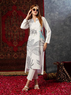 ANNI DESIGNER Ladies Cotton Blend Printed Straight Kurta with Trousers, White, M
