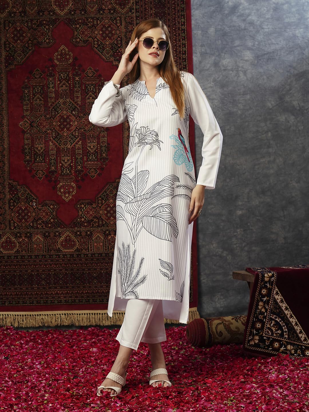 ANNI DESIGNER Ladies Cotton Blend Printed Straight Kurta with Trousers, White, M