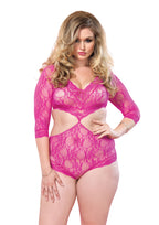 Floral lace deep-V cut out teddy with full back panty PLUS SI FUCHSIA