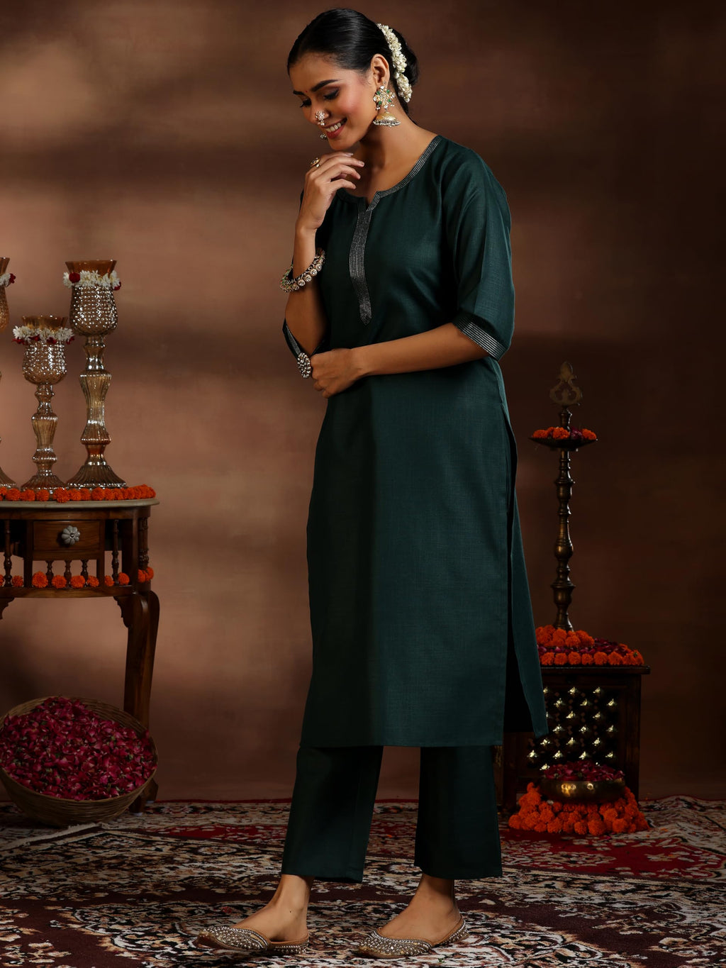 Libas Womens Woven Design Cotton Blend Straight Kurta With Trousers And Dupatta