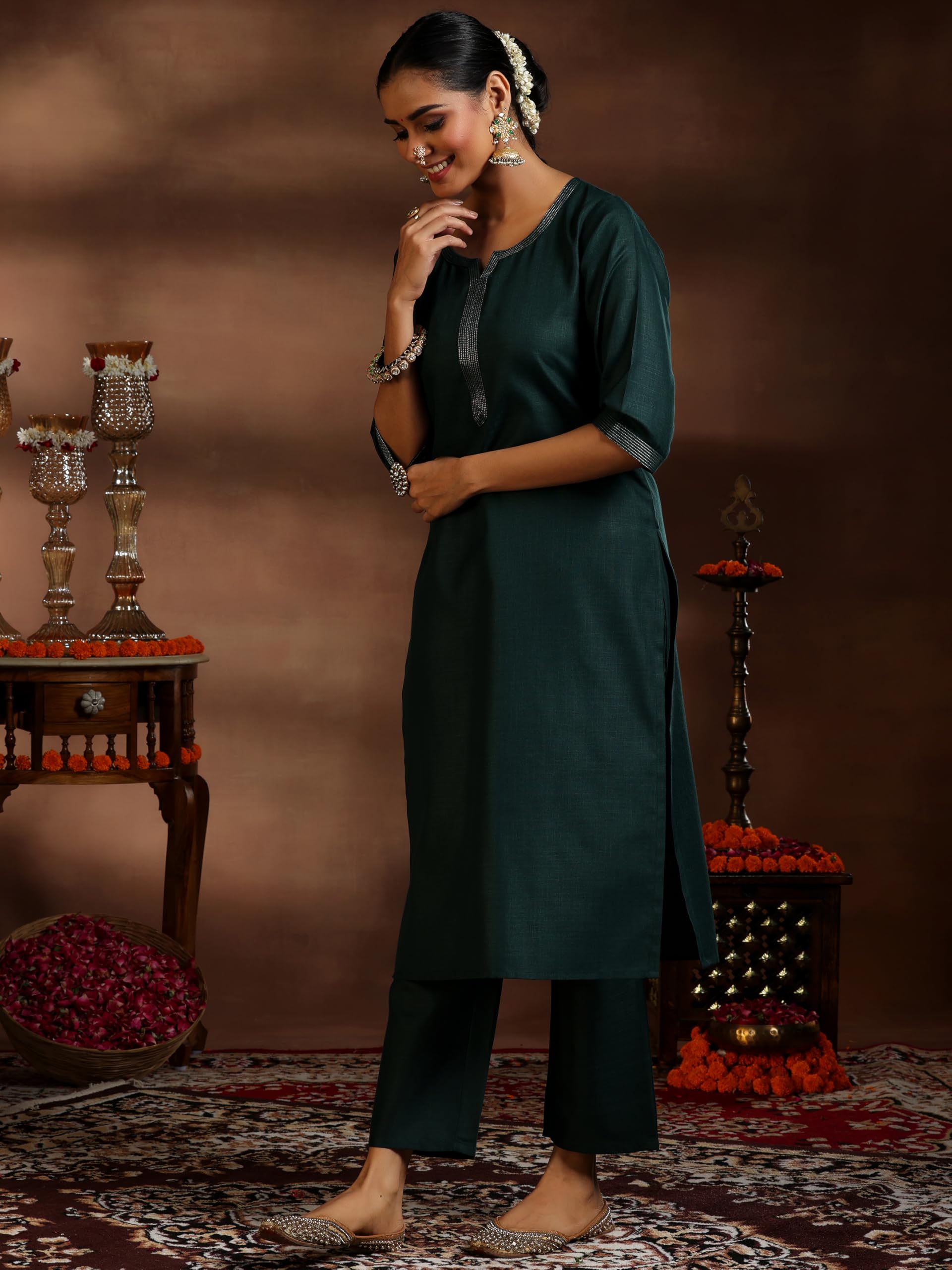 Libas Womens Woven Design Cotton Blend Straight Kurta With Trousers And Dupatta