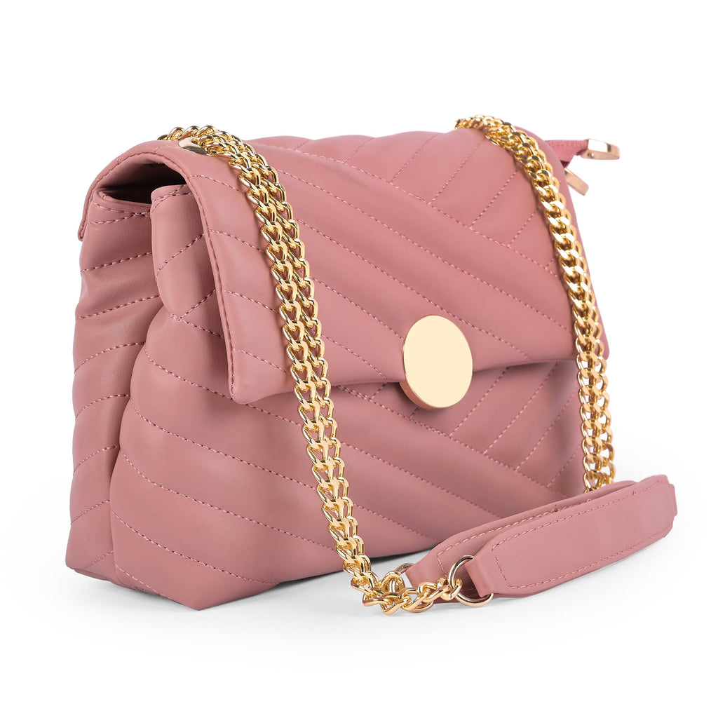 ADISA Womens Girls Quilted Cross Body Sling Bag with Gold Chain (SL5136) (Pink)
