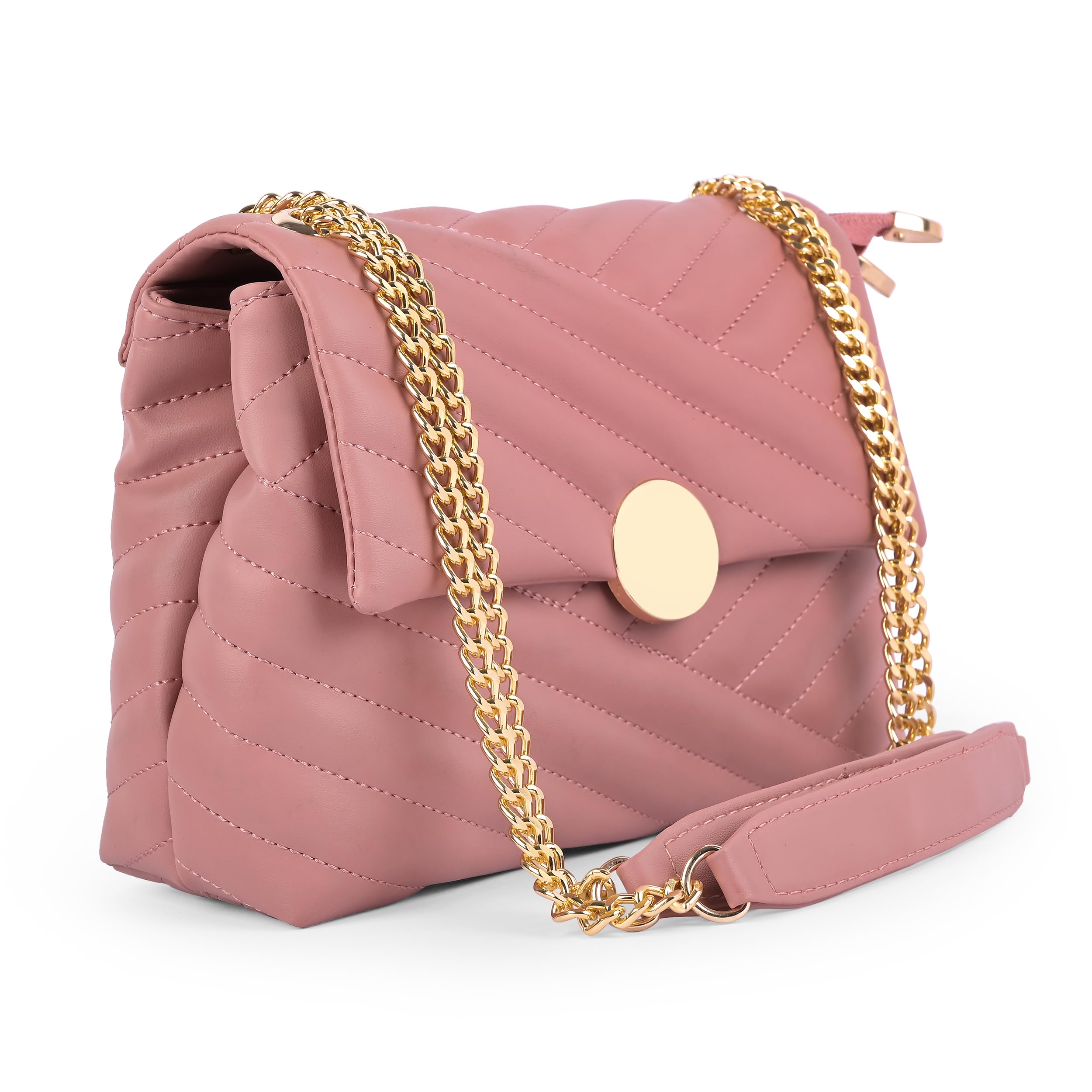 ADISA Womens Girls Quilted Cross Body Sling Bag with Gold Chain (SL5136) (Pink)
