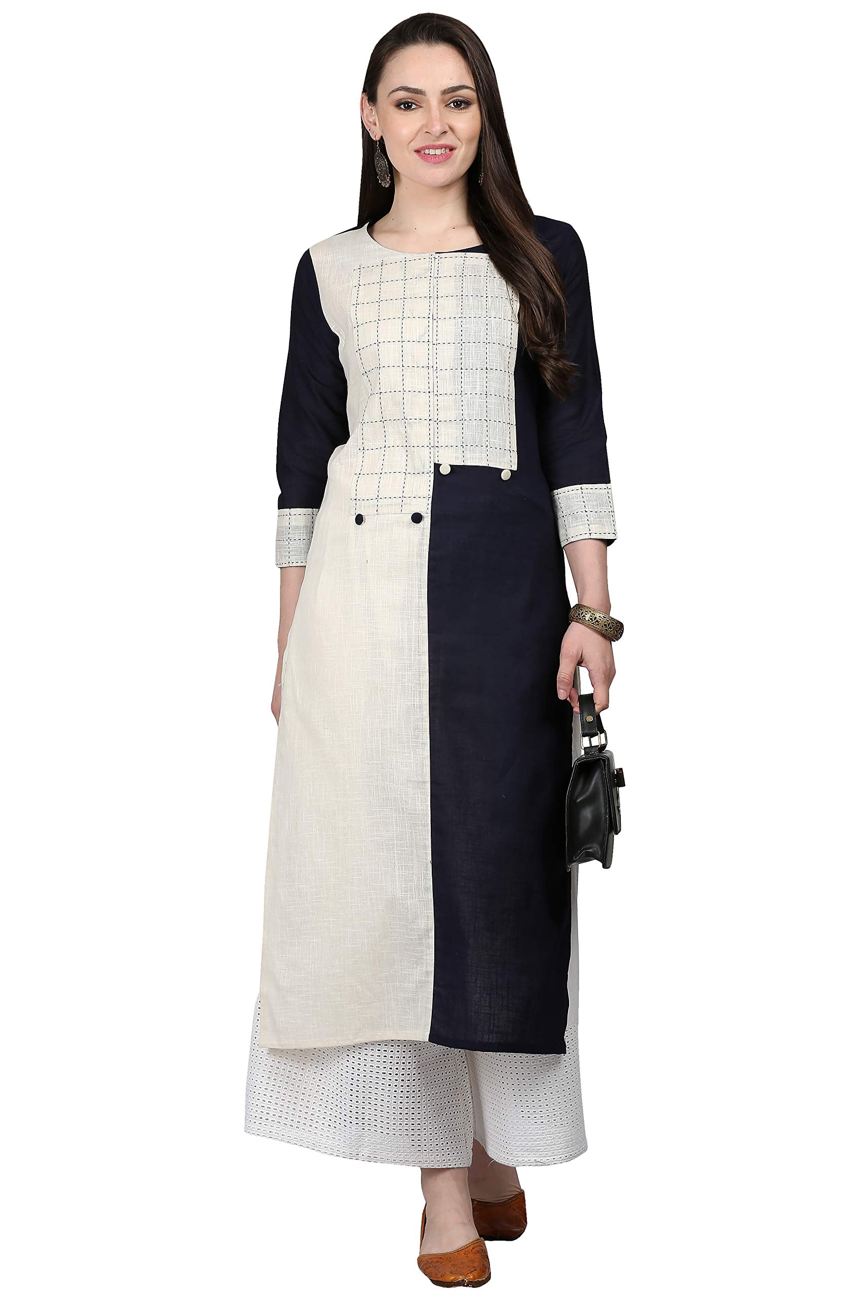 ANNI DESIGNER Women's Black & White Color Rayon Fancy Long Thread & Button Work Kurti(KUR190074-XXL_Black & White)