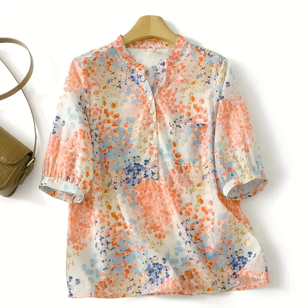 Gufrina WomenS Soft Orange Abstract Printed Western Top With Mandarin Collar, Half Button Placket And Relaxed Puff Sleeves(Oran
