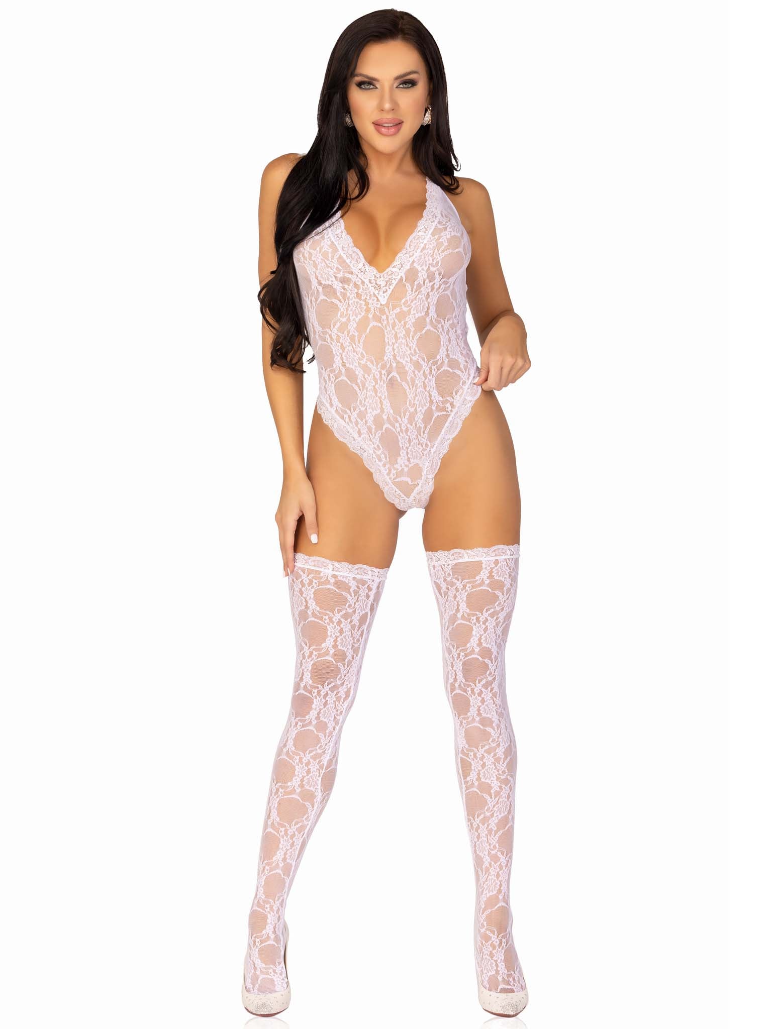 2PC.Floral lace deep-V teddy a