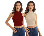Shasmi Womens & Girls Solid Ribbed Round Neck Collarless Sleeveless Slim Fit Simplicity Tank Tops (Pack of 2) (TOP 37 Maroon S