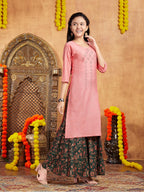 Aarika Girls Casual Wear Peach Colour Embellished Cotton Kurti (9-16 Years)