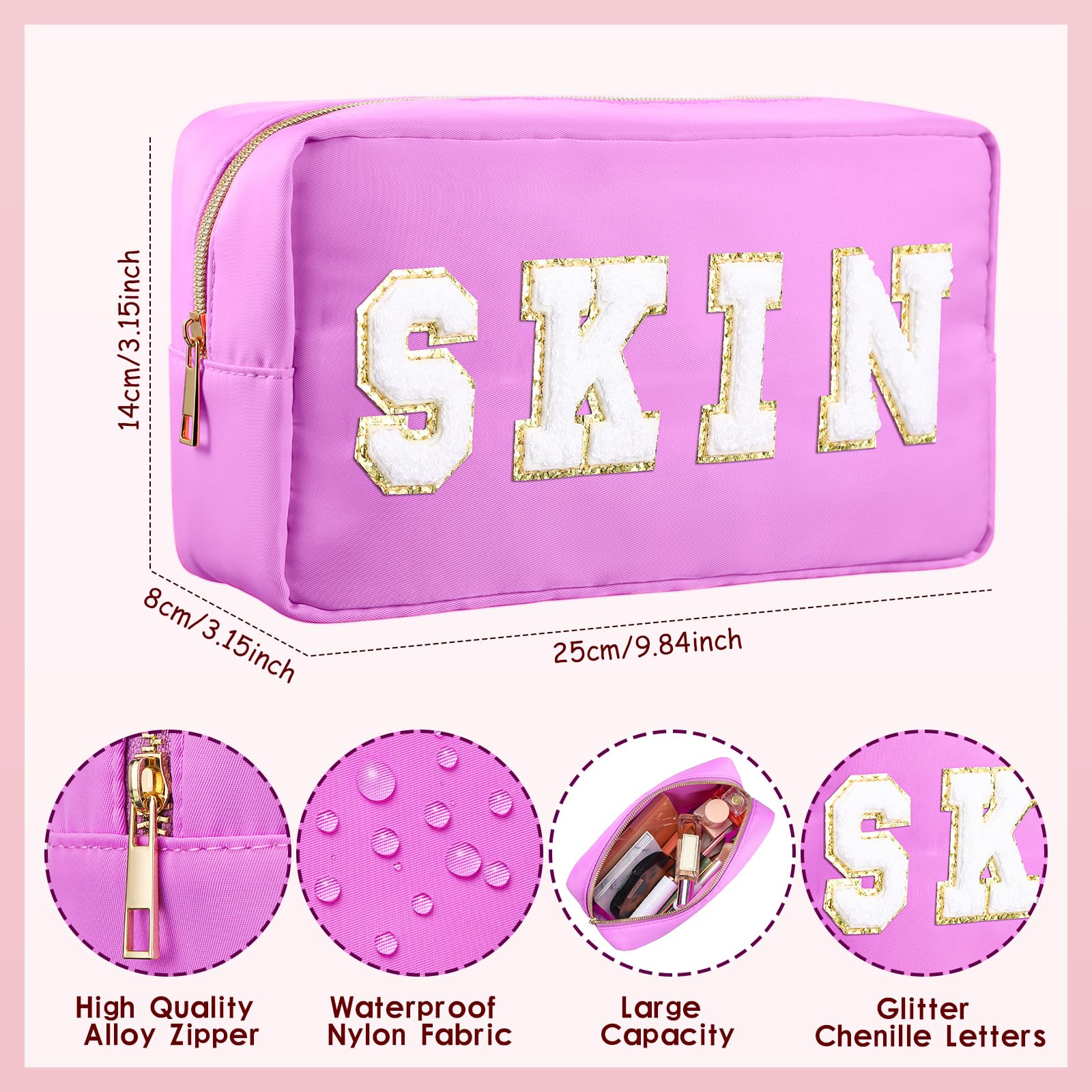 Remerry 4 Pcs Makeup Bag Travel Cosmetic Bag Organization Chenille Letter Toiletries Stuff Pouch Preppy Waterproof Bag Gift for
