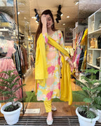 ANNI DESIGNER Womens Cotton Blend Embroidered Floral Printed Straight Kurta with Pant & Dupatta (LITUP-Yellow_S_Yellow_Small)