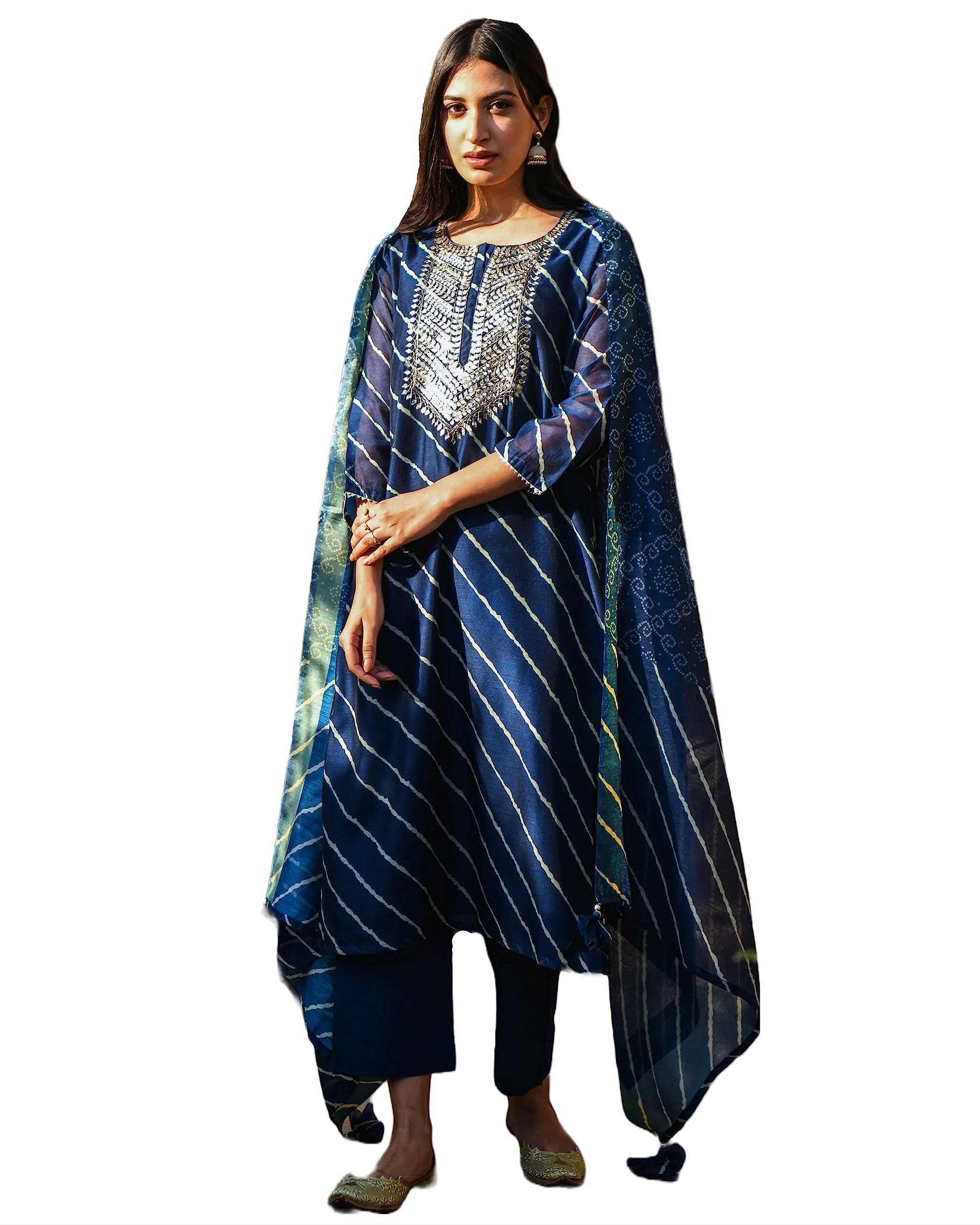 ANNI DESIGNER Womens Cotton Blend Straight Printed Kurta with Pant & Dupatta (Doremi Navy_5XL_Navy Blue_XXXXX-Large)