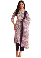 Memore WomenS Poly Rayon Straight Kurta Pant With Notch Neck 3/4Th Sleeves Floral Printed Calf Length Regular Fit And Dupatta S
