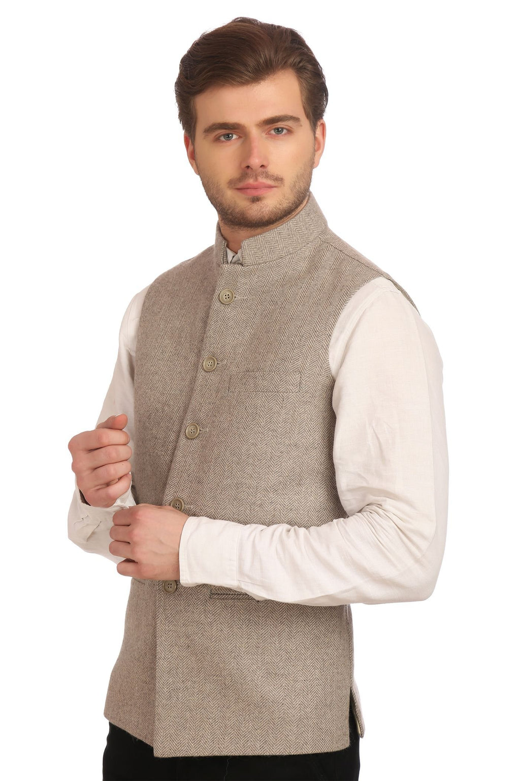 WINTAGE Mens Tweed Bandhgala Festive Nehru Jacket Waistcoat Beige