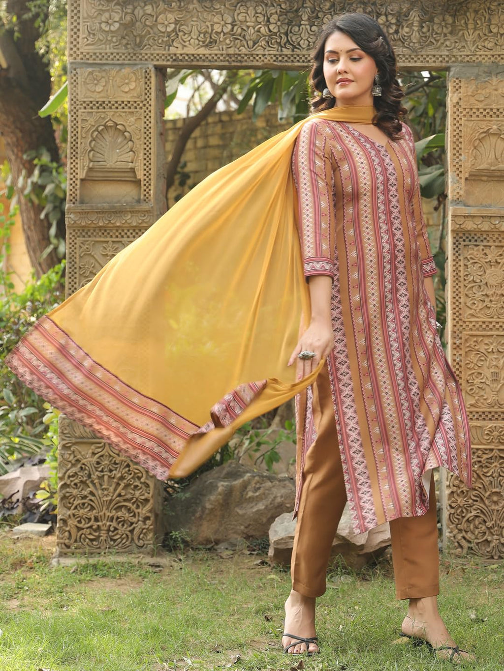 ANNI DESIGNER Ladies Rayon Blend Straight Print Kurta with Trousers and Dupatta, multi-coloured, S