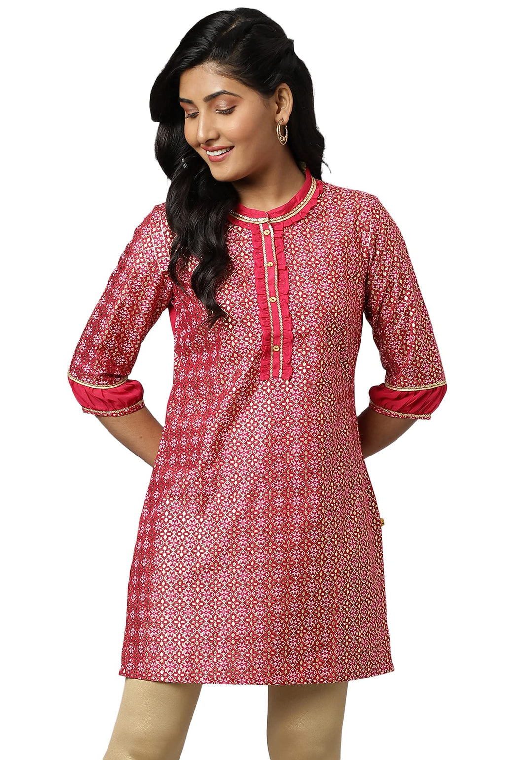 Pink Floral Printed Sequined Ethnic Kurta