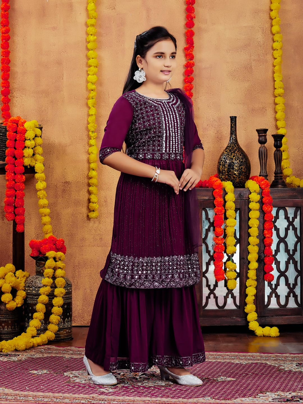 Aarika Girls Ethnic Wear Purple Colour Mirror Embroidery Georgette Kurti Sharara Set (5-11 Years)