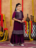 Aarika Girls Ethnic Wear Purple Colour Mirror Embroidery Georgette Kurti Sharara Set (5-11 Years)