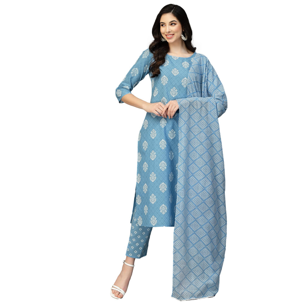 Stylum Women'S Printed Rayon Straight Kurta Pant Dupatta Set (Kpdpepsiblue44_Blue, Xxl)