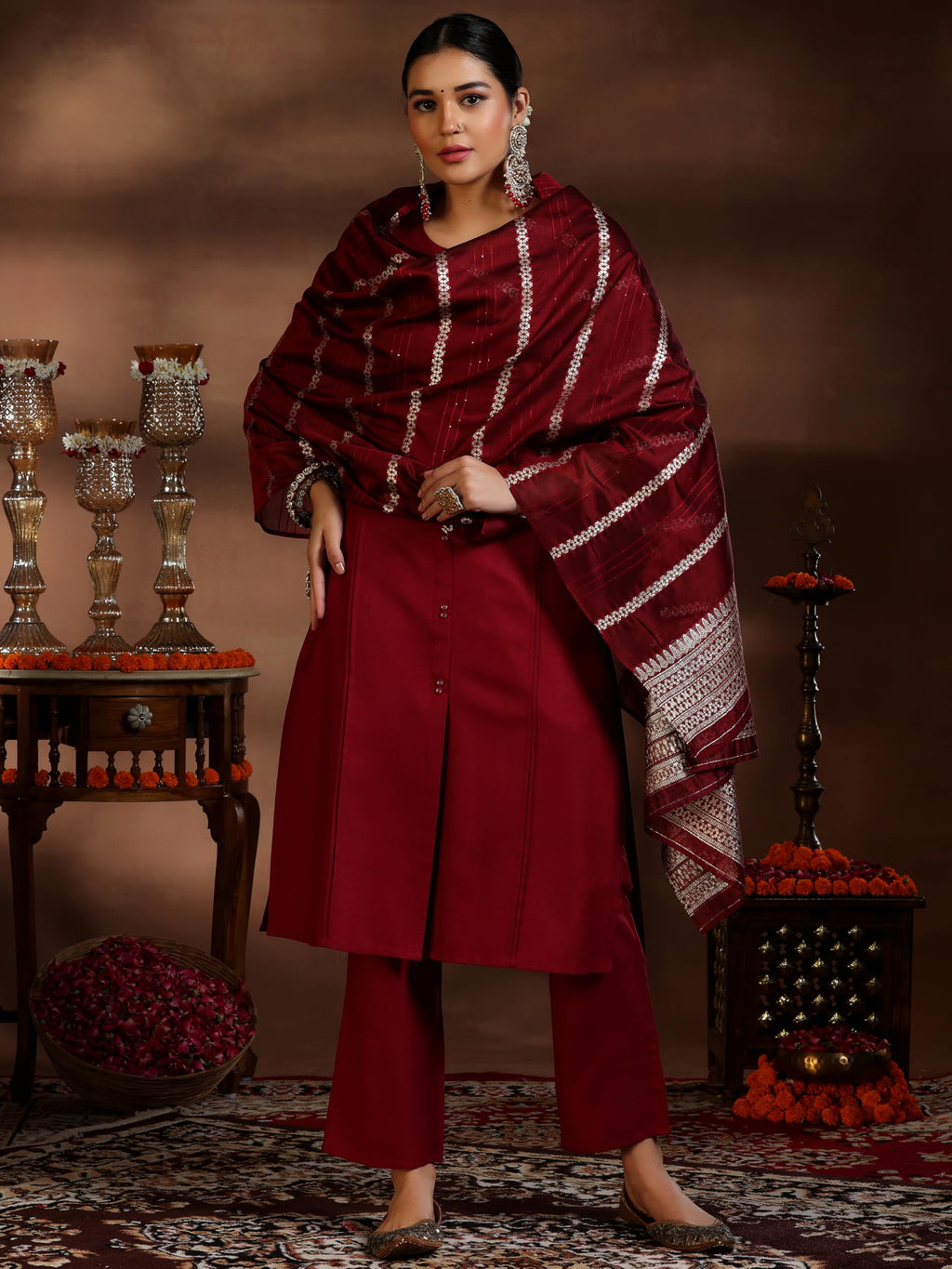 Libas Womens Woven Design Cotton Blend Straight Kurta With Trousers And Dupatta