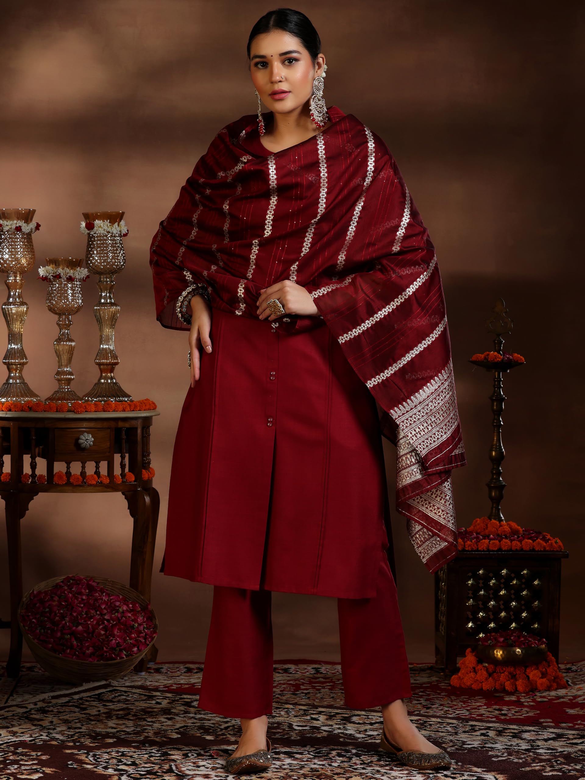 Libas Womens Woven Design Cotton Blend Straight Kurta With Trousers And Dupatta
