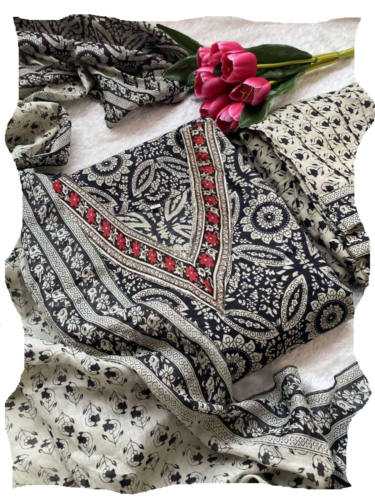 Pinkmint WomenS Hevy Cotton Blend Black Kurta Set L Stitched Printed Dupatta Set L Stylish Women Festival Dress (Pack Of 1)
