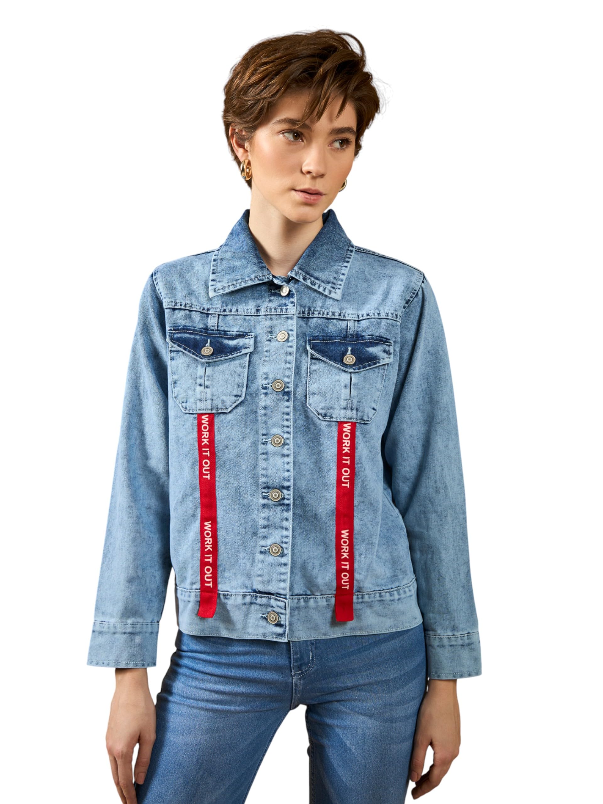 Dolce Crudo Womens Collared Full Sleeve Buttoned Twill Tape Detailing Denim Jacket (DOAW23DEN98-17-472-06, Crystal Blue, XL)