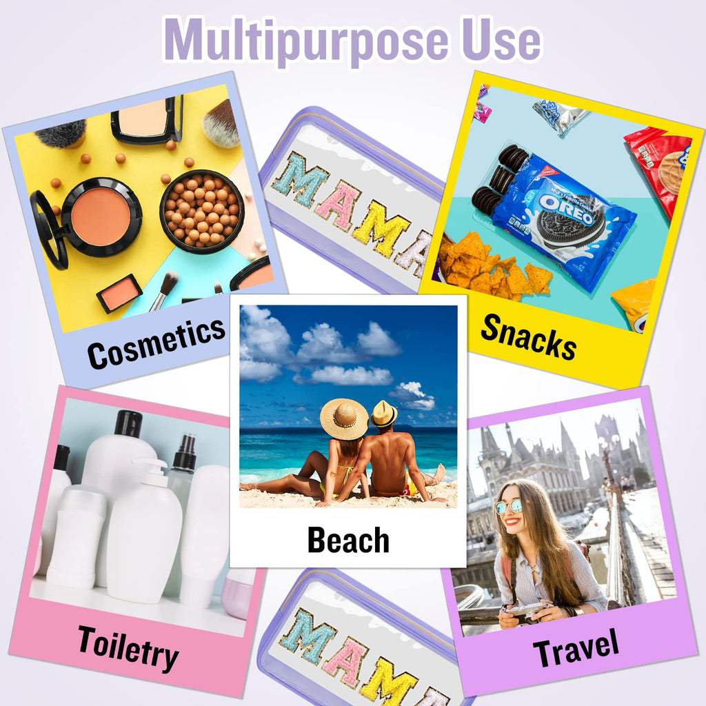 Chenille Letter Clear Makeup Bag with Zipper and Waterproof Nylon Material