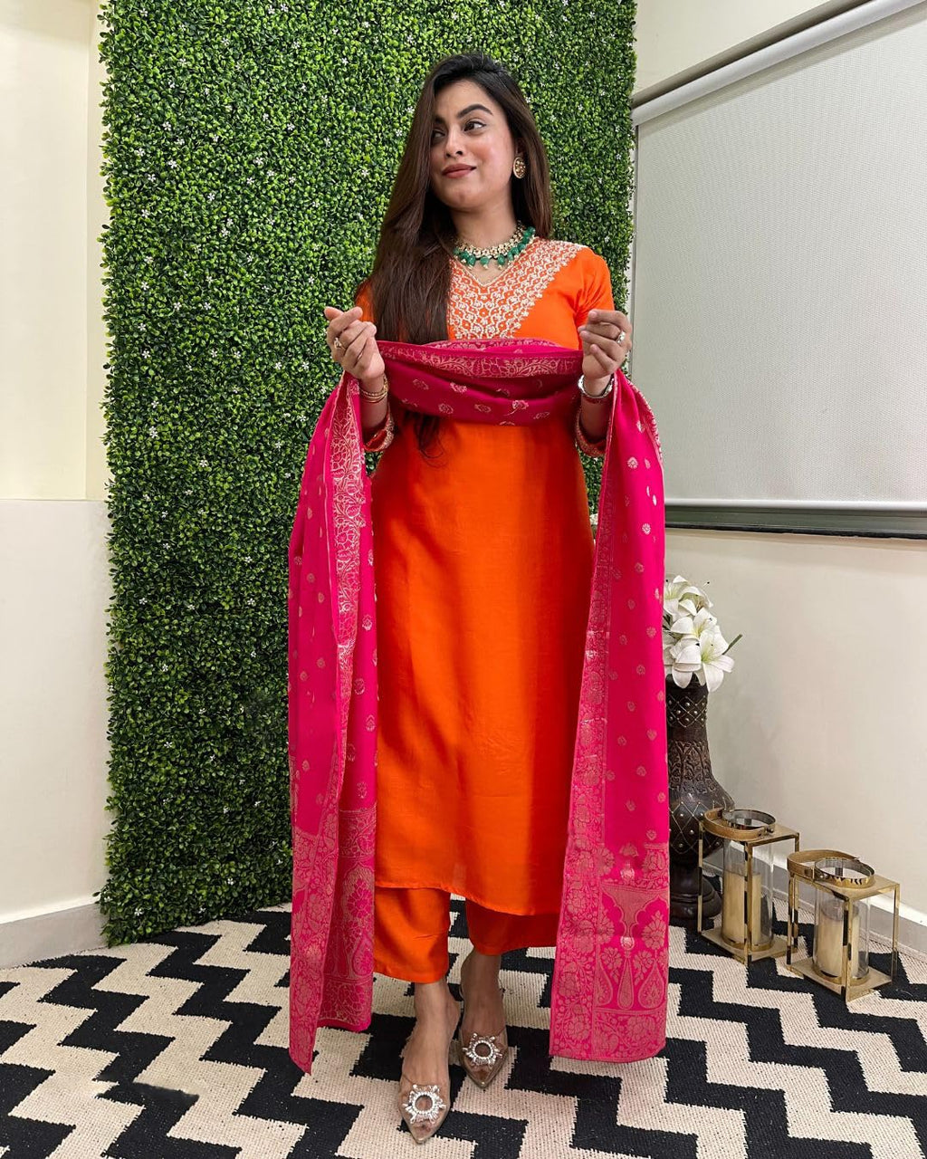 ANNI DESIGNER Women s viscose rayon embroidered straight Kurta with trousers and dupatta, Orange, 44