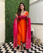 ANNI DESIGNER Women s viscose rayon embroidered straight Kurta with trousers and dupatta, Orange, 44