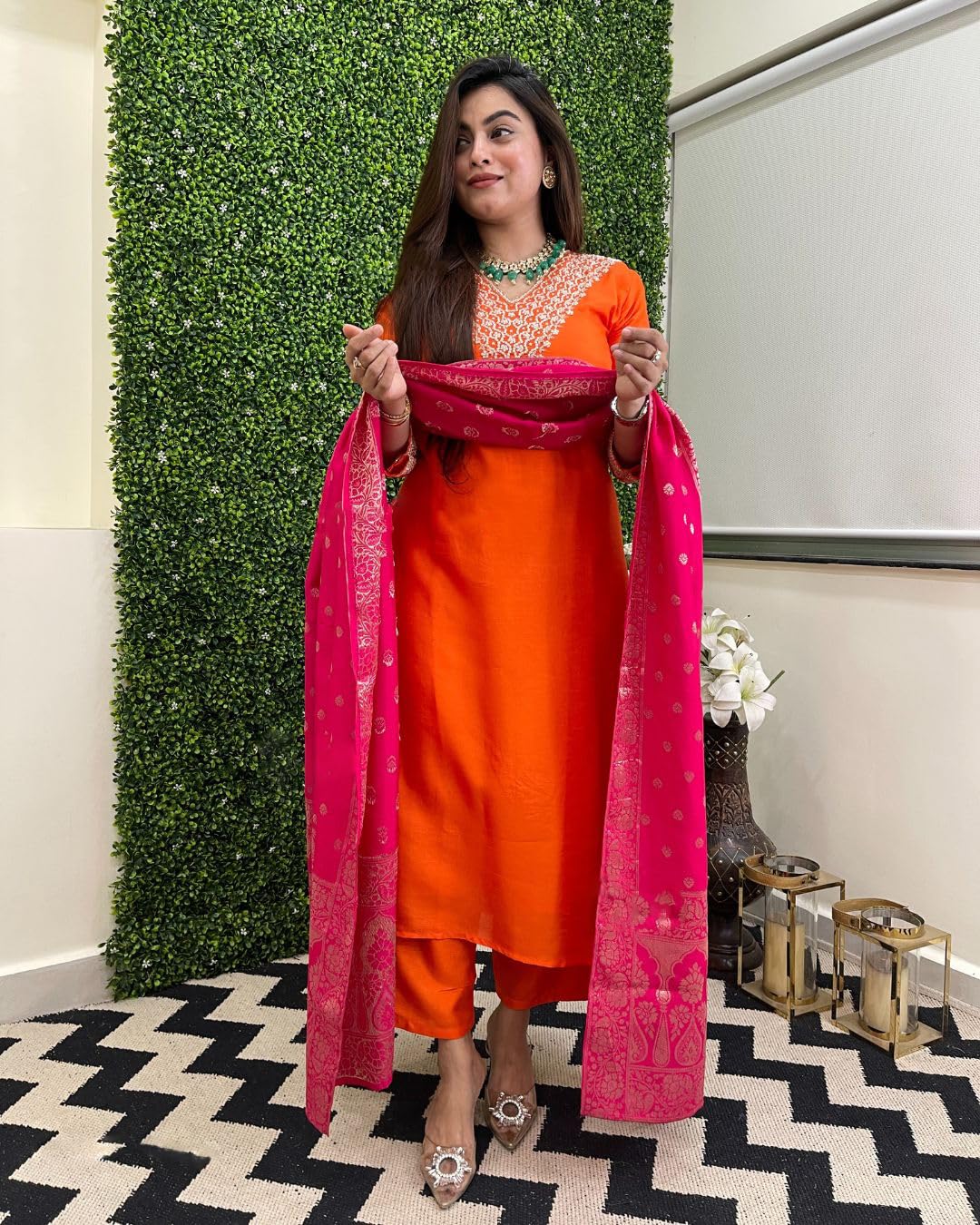ANNI DESIGNER Women s viscose rayon embroidered straight Kurta with trousers and dupatta, Orange, 44