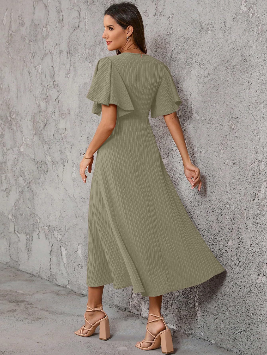 Shasmi Girls & Womens Pista Pleated Midi Dress with Flutter Sleeves | V-Neck Western Dress for Women | Elegant A-Line Summer O