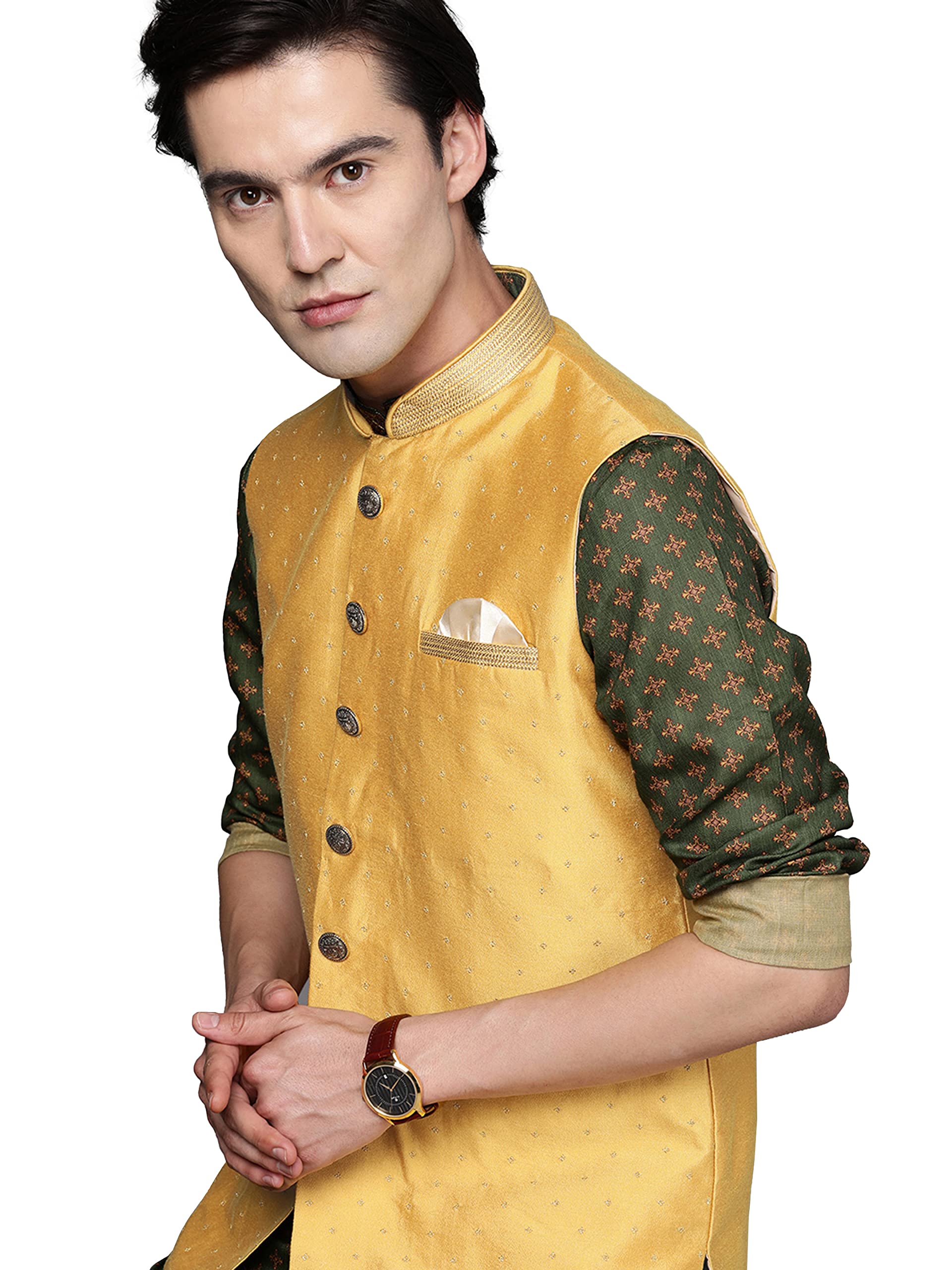 Manyavar Mens Jacket, Nehru Jacket for Men, Ethnic Jacket for Festival, Wedding, Party Sleevless Jacket Blended Viscose (Mustard