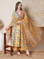 ANNI DESIGNER Women s Rayon Blend Kurta with Pants and Dupatta, Yellow, L
