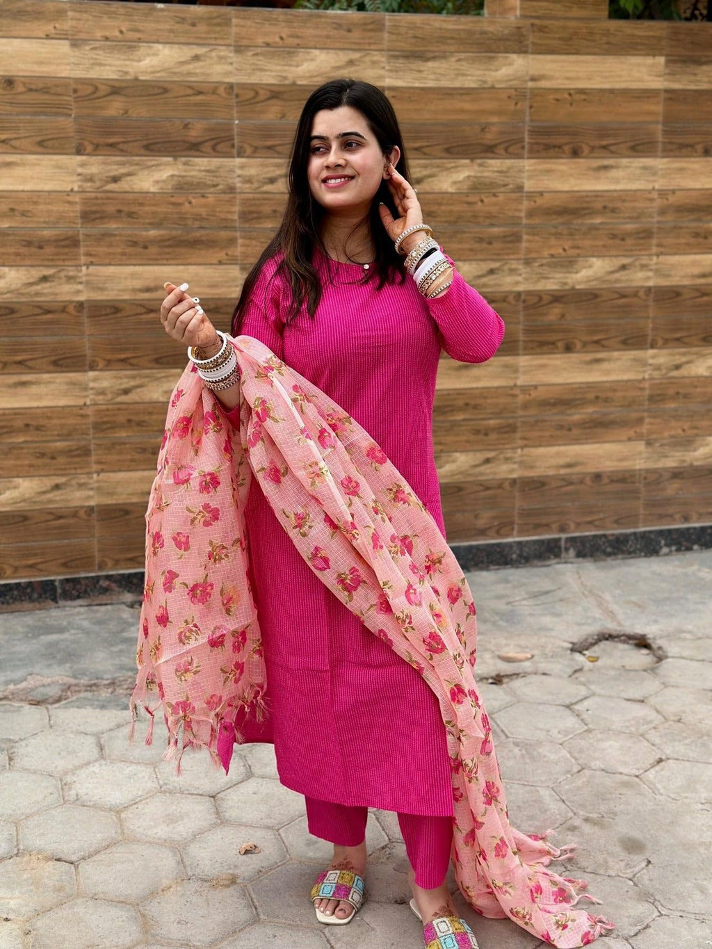 ANNI DESIGNER Ladies Rayon Blend Kurta with Trousers and Dupatta, pink, XL