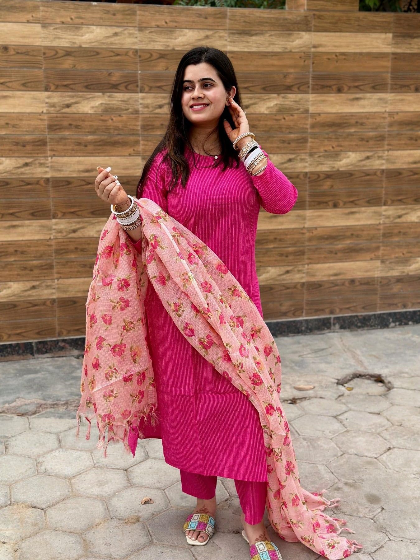 ANNI DESIGNER Ladies Rayon Blend Kurta with Trousers and Dupatta, pink, XL
