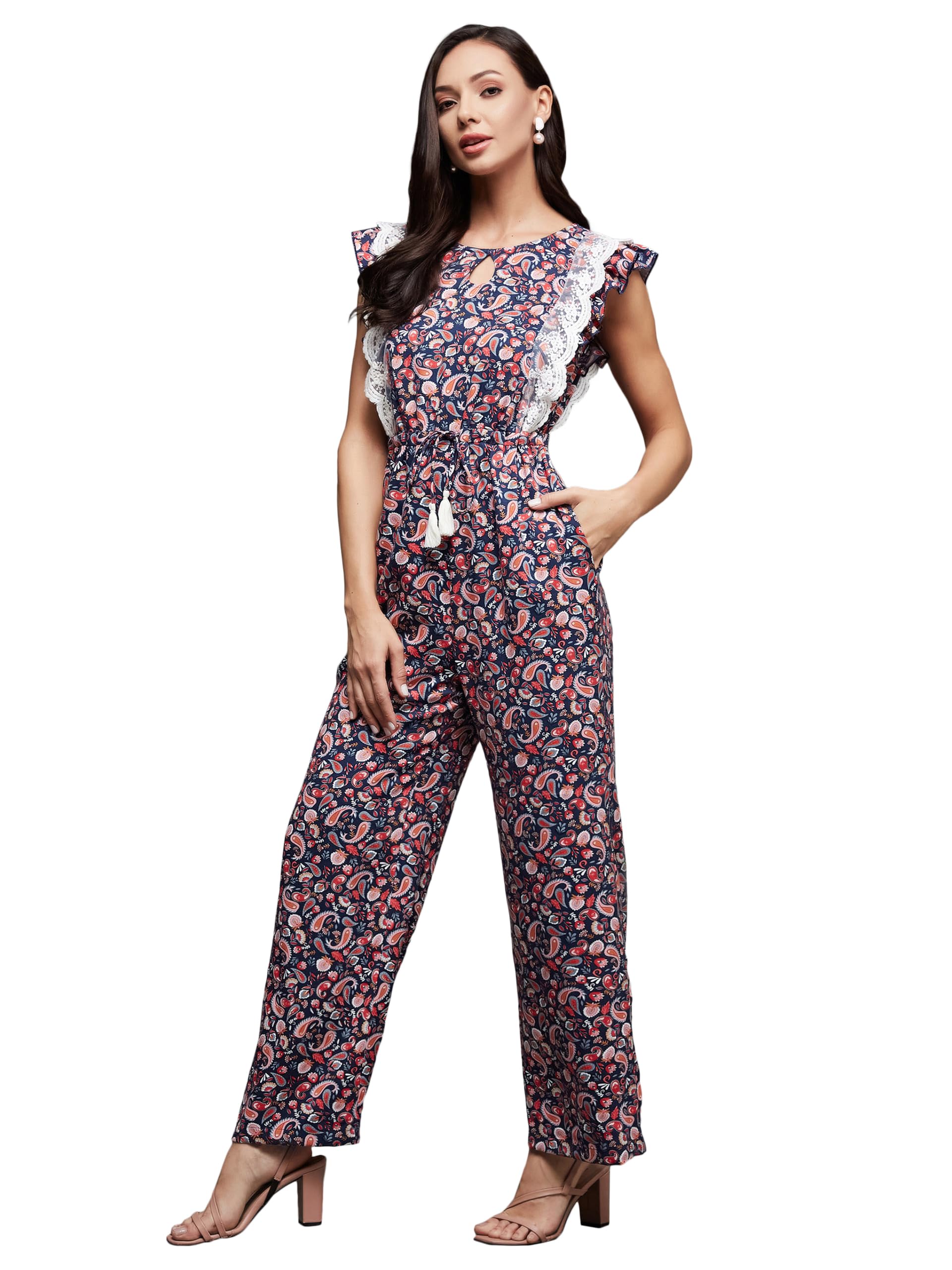 Miss Chase Womens Key-Hole Neck Frilled Bohemian-Styled Frilled Jumpsuit (MCAW23D15-95-178-06, Multicolored-Base-Navy, XL)