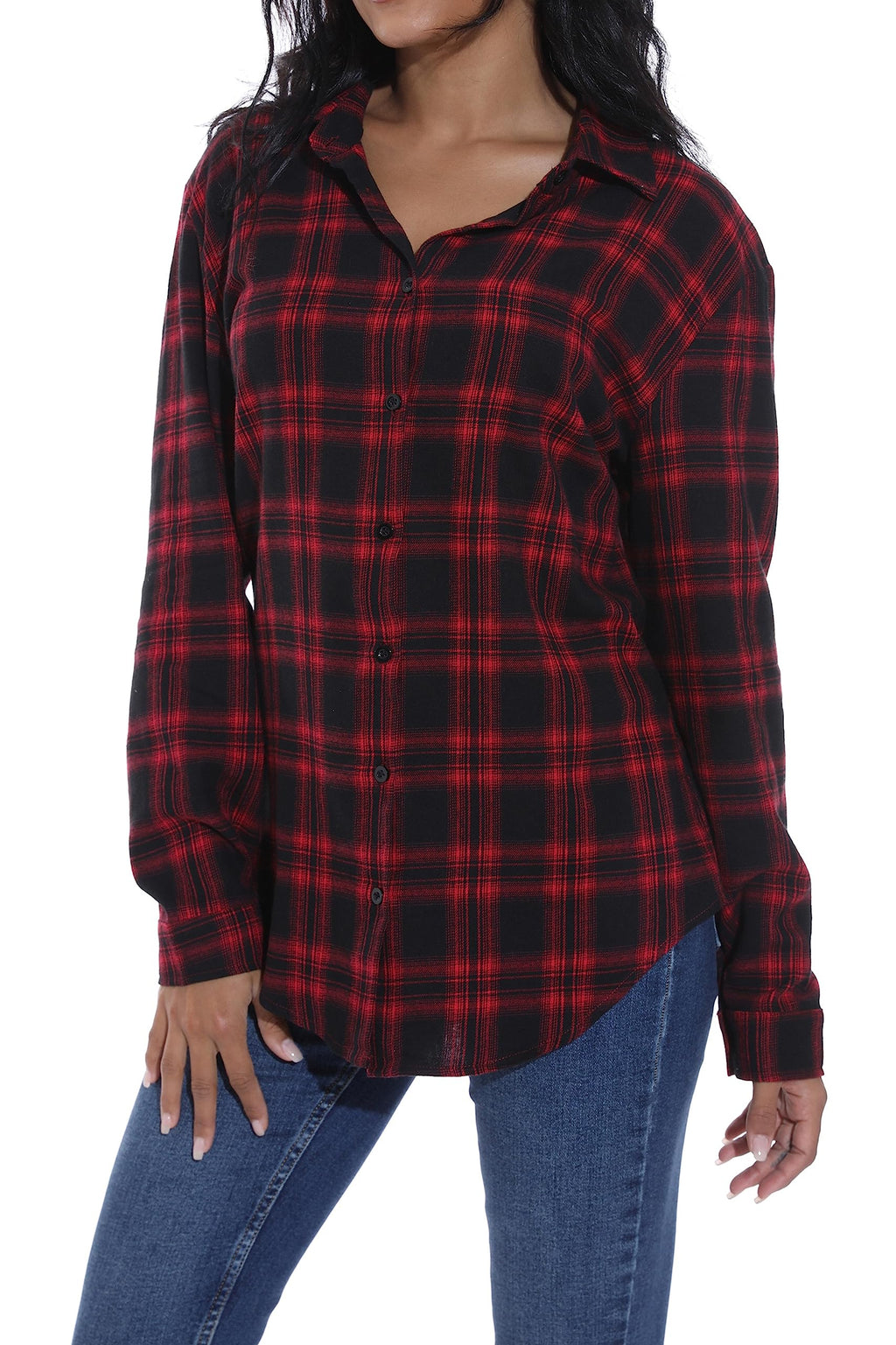 GUANYY Women's Classic Plaid Button Down Shirt - Loose Fit and Long Sleeves (Red Black Plaid, Large)