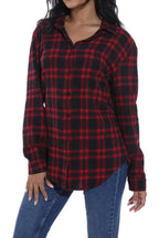 GUANYY Women's Classic Plaid Button Down Shirt - Loose Fit and Long Sleeves (Red Black Plaid, Large)