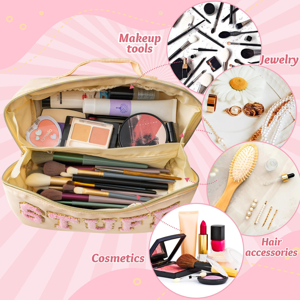 Y1tvei Travel Makeup Bag Gift, Large Capacity Cosmetic Bags, Nylon Stony Clover Makeup Bag Preppy Patch Makeup Bag Pink Stuff Ch