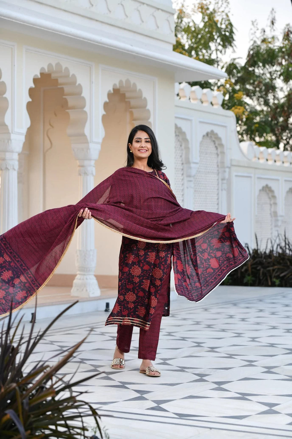 ANNI DESIGNER Womens Cotton Blend Straight Printed Kurta with Pant & Dupatta (Rapat Wine_XXL_Wine_XX-Large)