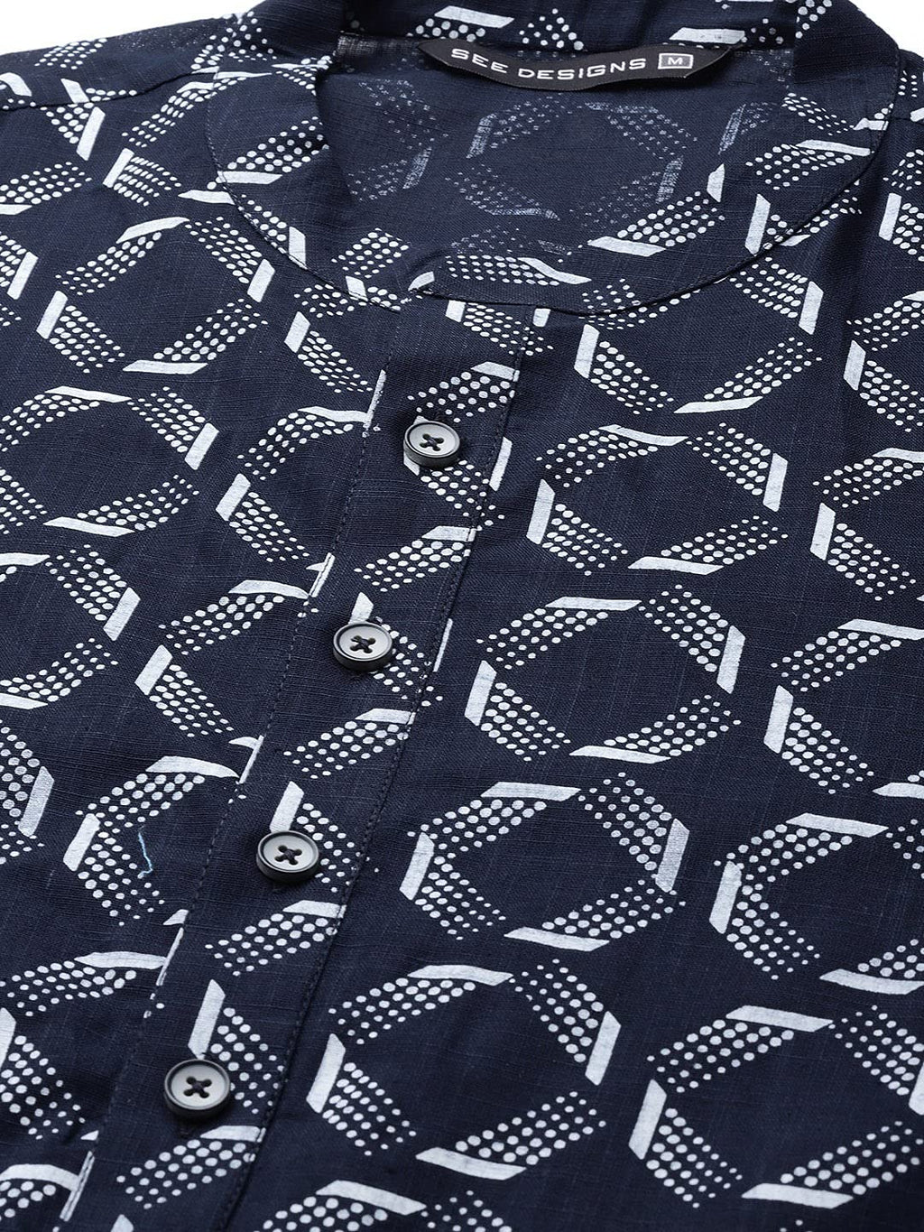 See Designs Navy Blue And White Printed Straight Kurta Button Closures