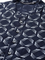 See Designs Navy Blue And White Printed Straight Kurta Button Closures