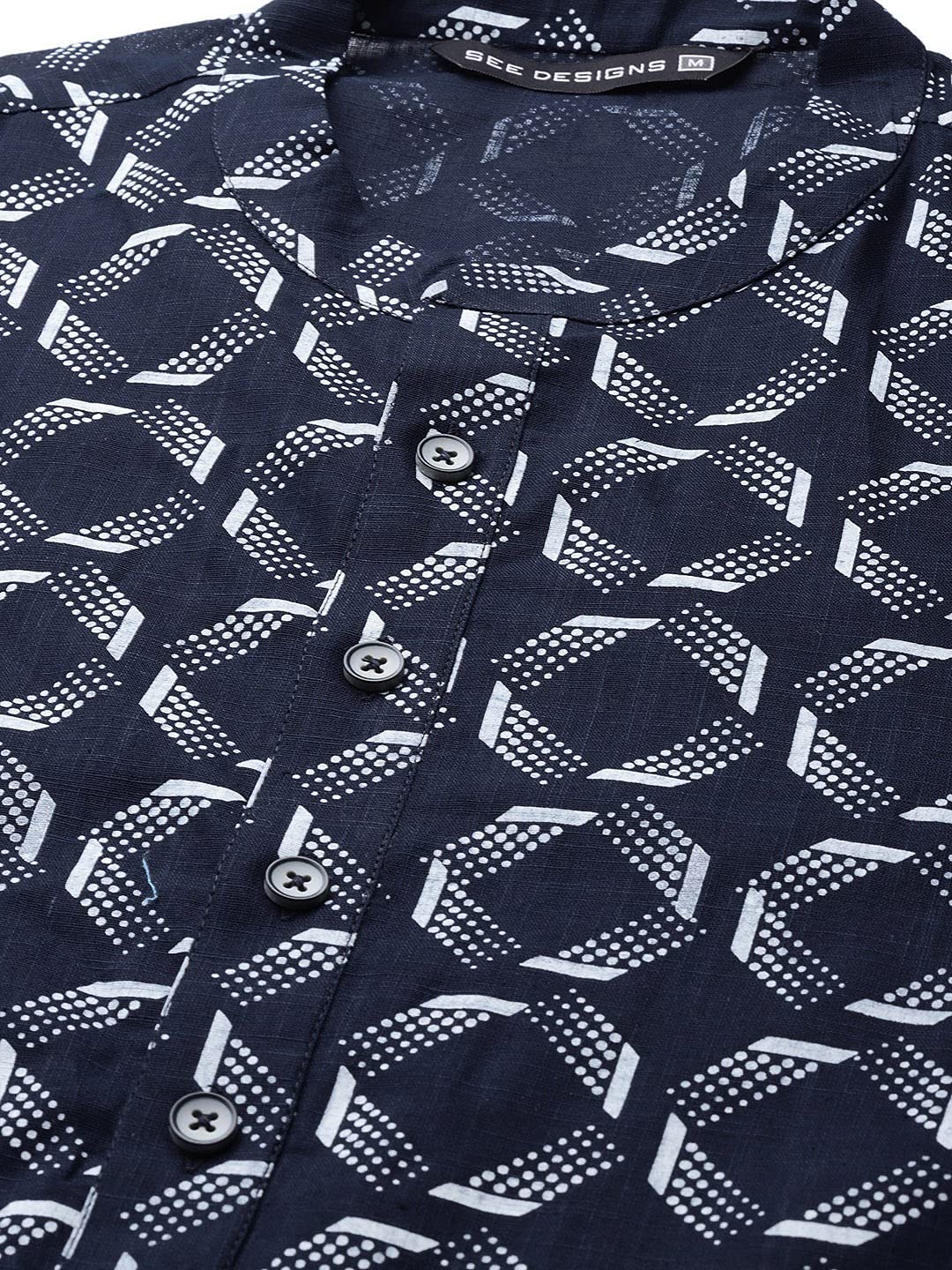 See Designs Navy Blue And White Printed Straight Kurta Button Closures