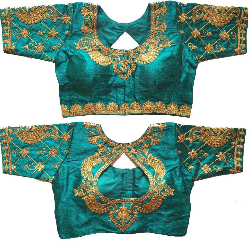 Pujia Mills WomenS Multicolor Phantom Silk Water Drop Back Neck Peacock Embroidery Stone Work Sleeves Readymade Saree Blouse (M